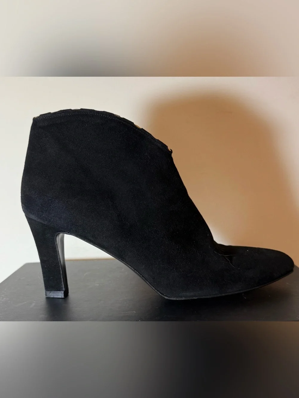 Stuart Weitzman Black Suede Booties w/Gold Chain Details, Great Condition!